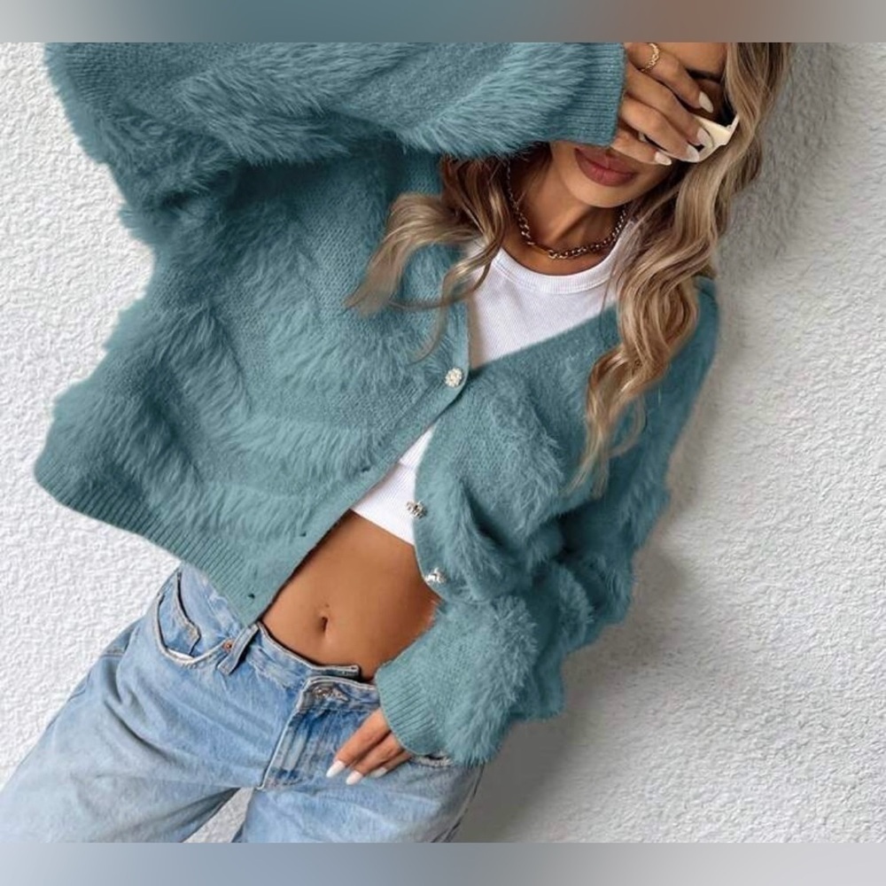 Women's Teal Fuzzy Cardigan - Picture 2 of 7